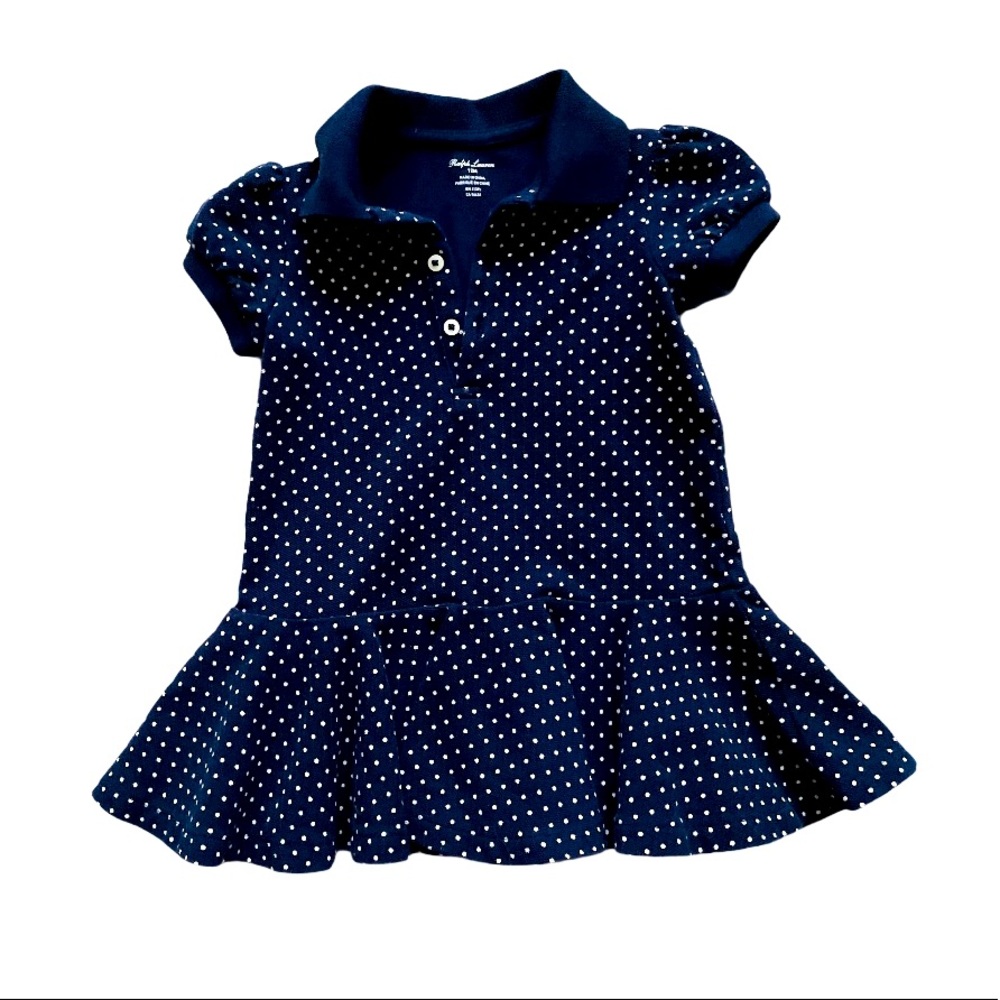 RALPH LAUREN DRESS 12 MONTHS NAVY BLUE TRENDY POLKA DOTS
